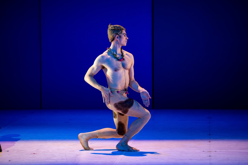 ake Mangakahia as the Faun in The Australian Ballet's 2025 production of Nijinsky, choreographed by John Neumeier. Mangakahia is captured mid-performance, his sinuous posture and expressive gestures embodying the sensual and introspective nature of the Faun.