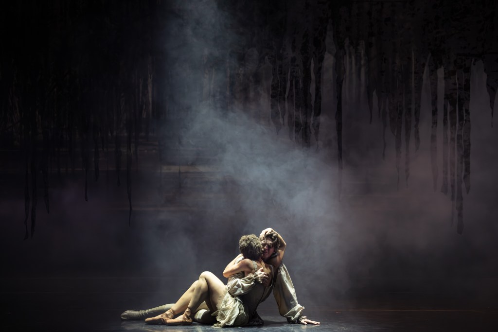 Benedicte Bemet as Manon and Joseph Caley as Des Grieux in The Australian Ballet's 2025 production of Manon. Captured in a tender moment, their performance reflects the complex dynamics of love and ambition in 18th-century Parisian society.