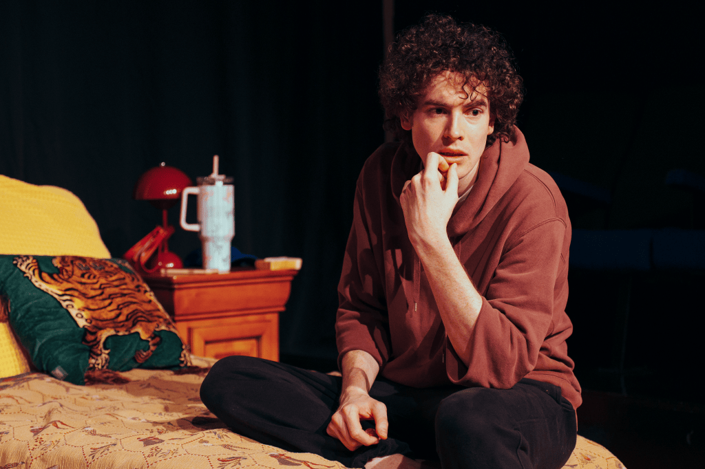 A young man with curly hair sitting on a bed, looking thoughtful. He wears a brown hoodie and black pants, with a colorful blanket and a pillow featuring a tiger design. In the background, there is a nightstand with a red lamp and a beverage container.